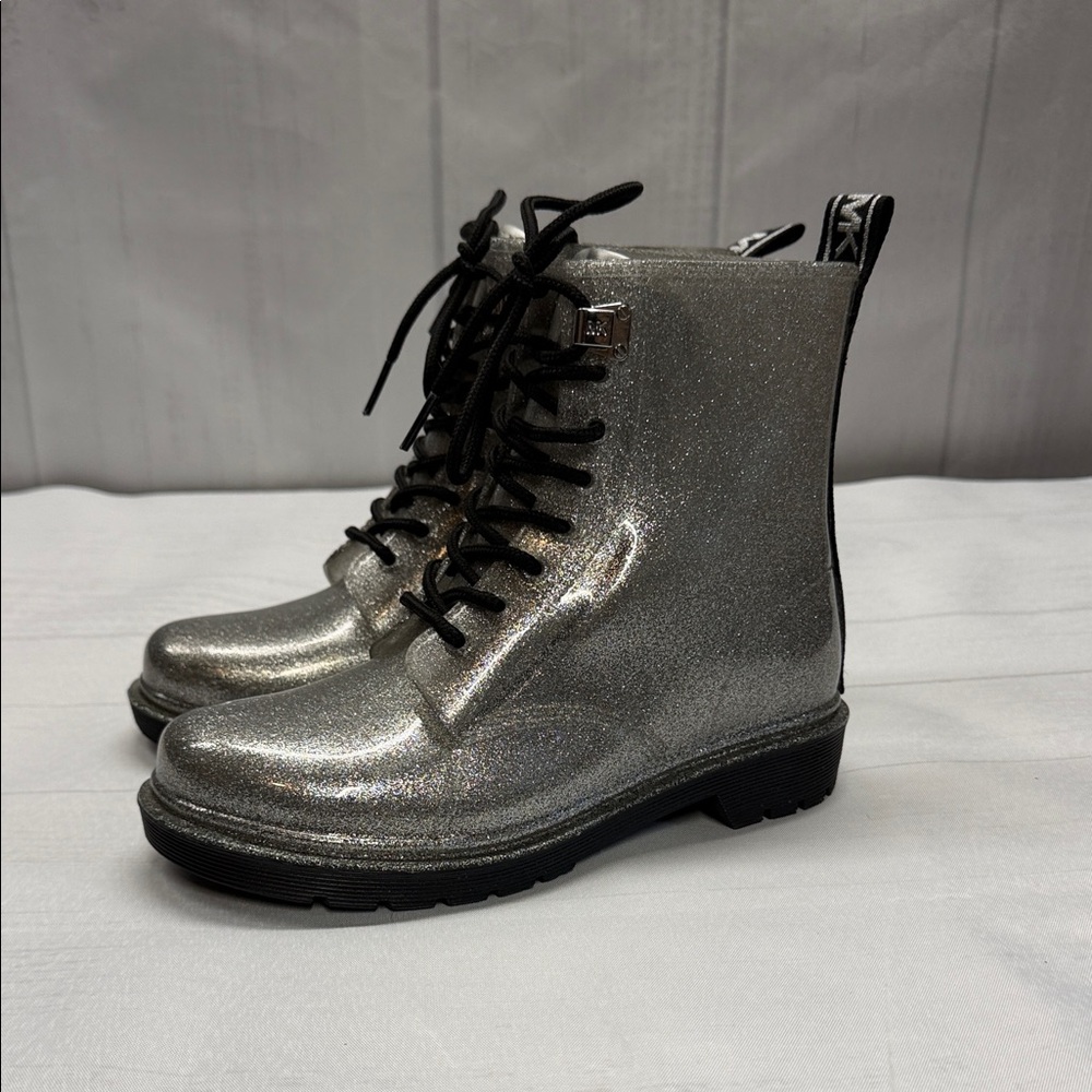 Michael Kors Silver Glitter Tavie Lug Sole Lace Up Combat Rain Booties Size 6 - Picture 3 of 11